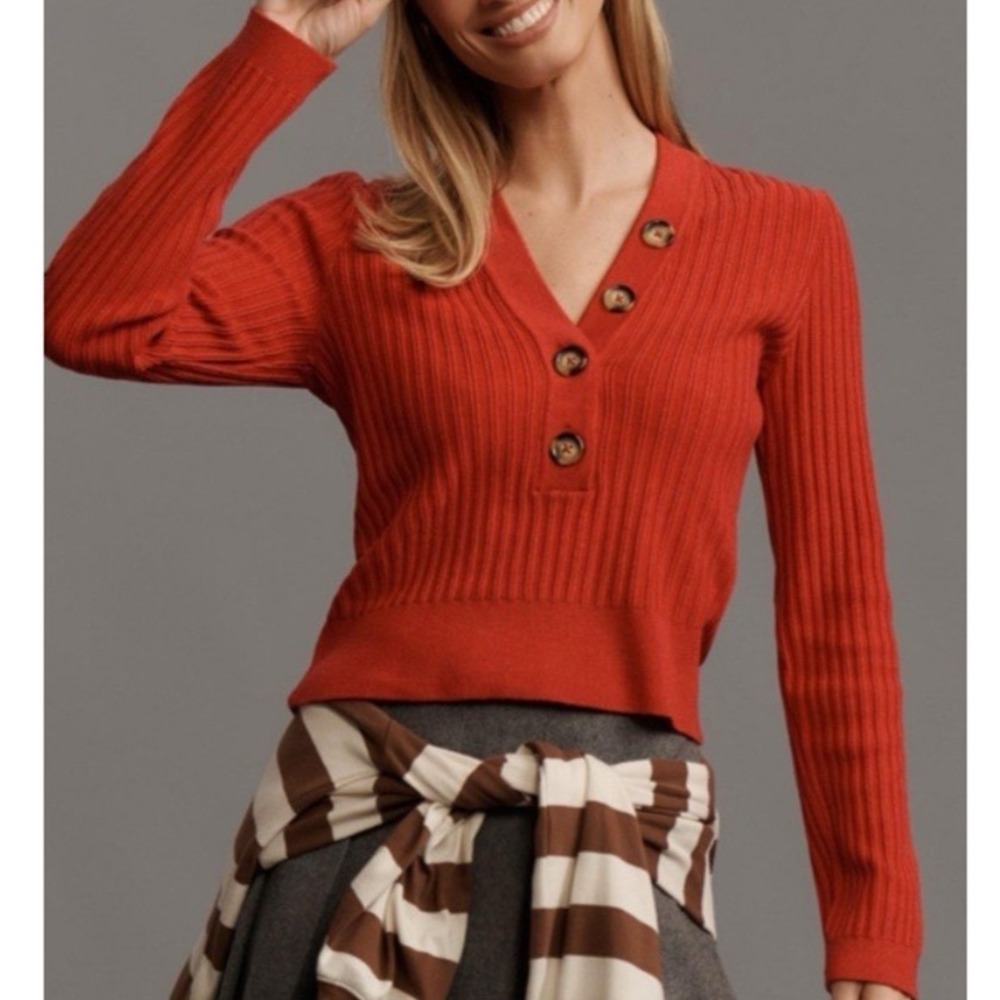 Anthropologie Pilcro Red‎ Deep V Neck Button Front Ribbed Knit Sweater - XLarge